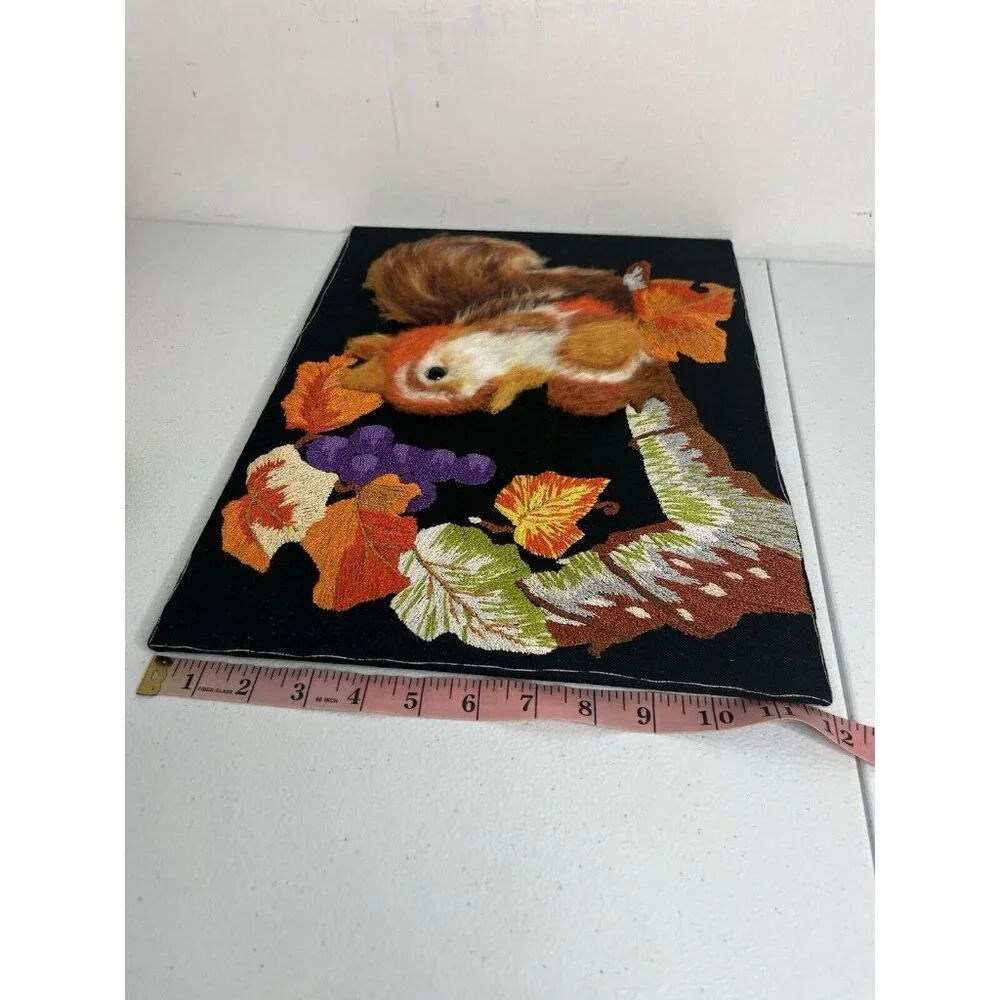 Vtg Handmade Crewel Embroidered Fall‎ Squirrel Leaves Picture Unframed Vibrant